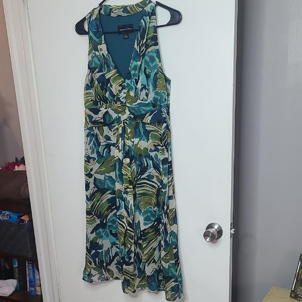 Connected Apparel Teal and Olive Patterned Midi Dress